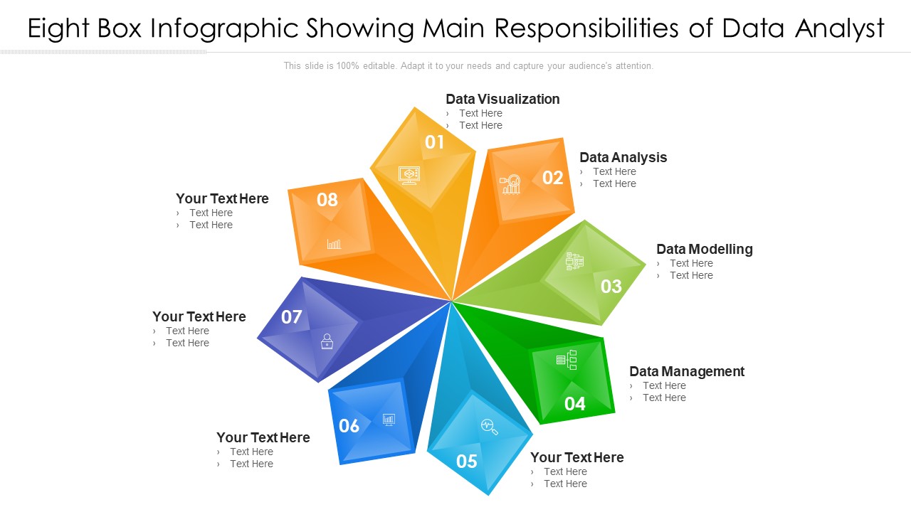 Eight Box Infographic Showing Main Responsibilities Of Data Analyst Ppt PowerPoint Presentation File Inspiration PDF
