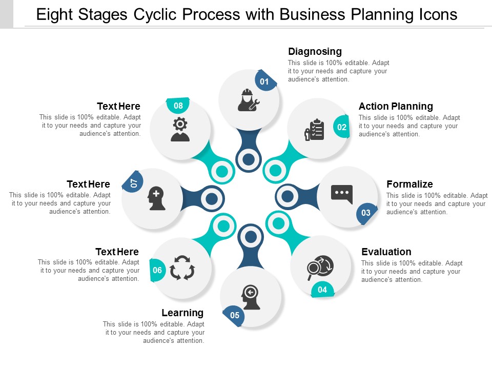 eight stages cyclic process with business planning icons ppt powerpoint presentation file professional