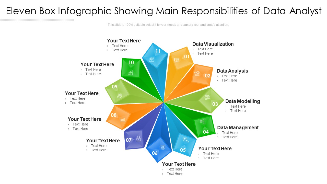 Eleven Box Infographic Showing Main Responsibilities Of Data Analyst Ppt PowerPoint Presentation File Professional PDF
