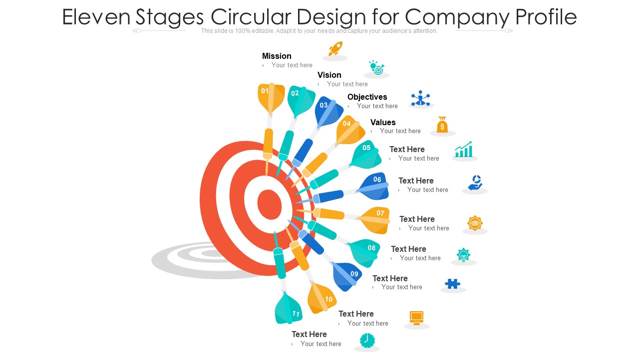 Eleven Stages Circular Design For Company Profile Ppt PowerPoint Presentation File Deck PDF
