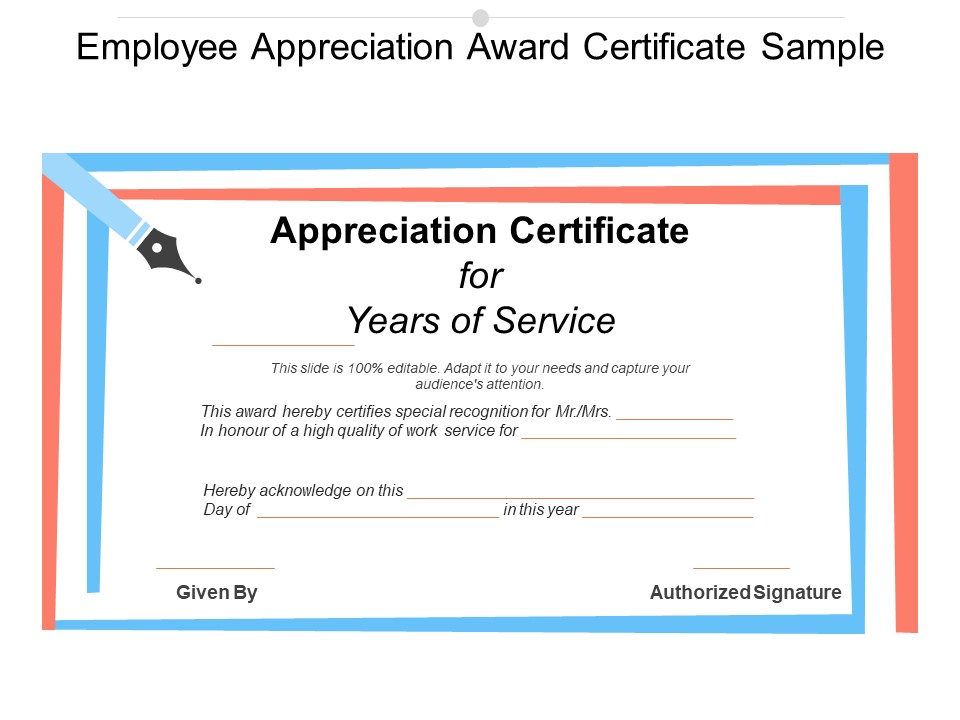 Employee Appreciation Award Certificate Sample Ppt PowerPoint Presentation Slides Outline