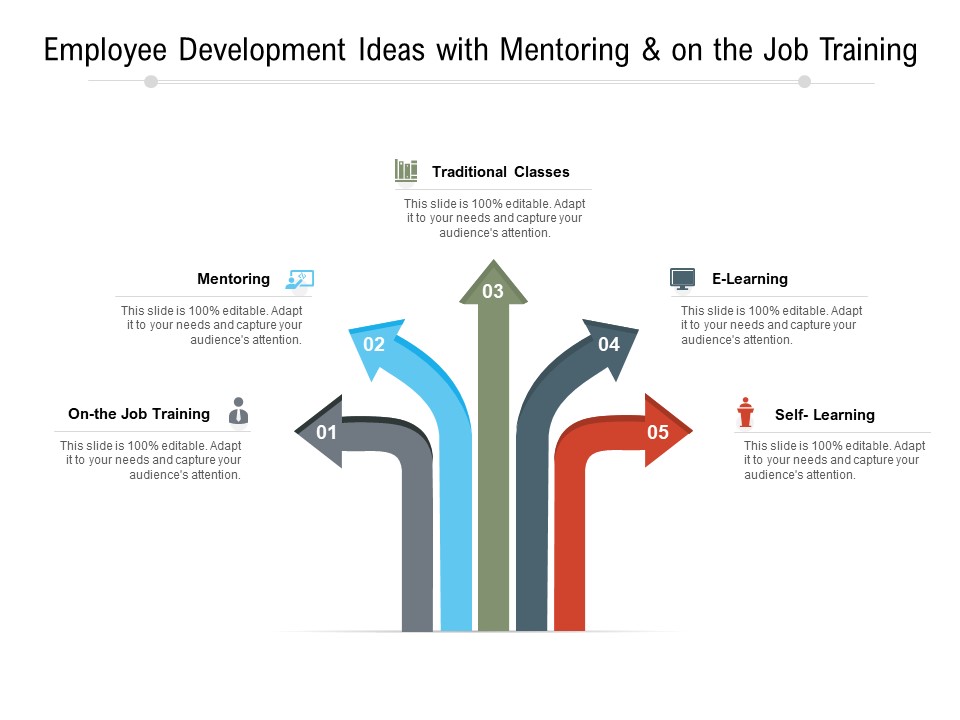 Employee Development Ideas With Mentoring And On The Job Training Ppt PowerPoint Presentation Model Infographic Template