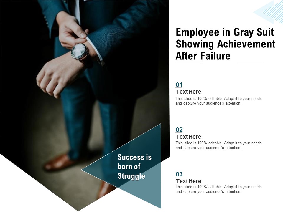 Employee In Gray Suit Showing Achievement After Failure Ppt PowerPoint Presentation Styles Professional