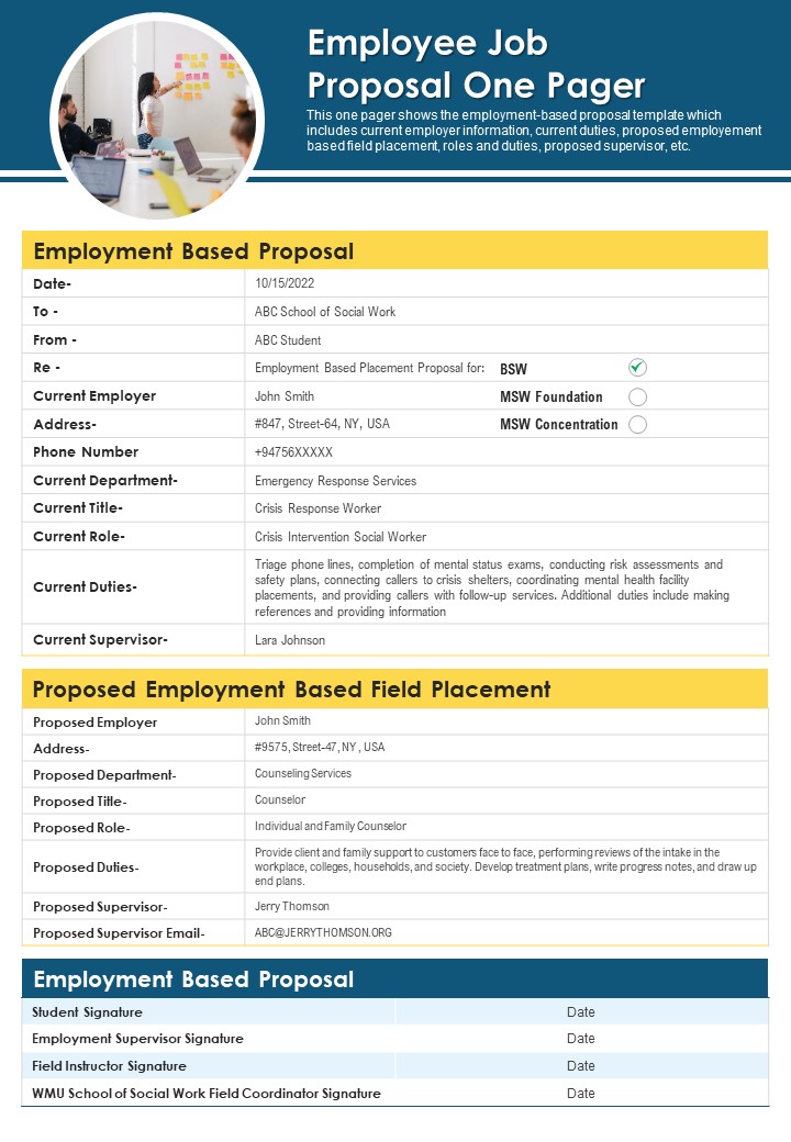 Employee Job Proposal One Pager PDF Document PPT Template