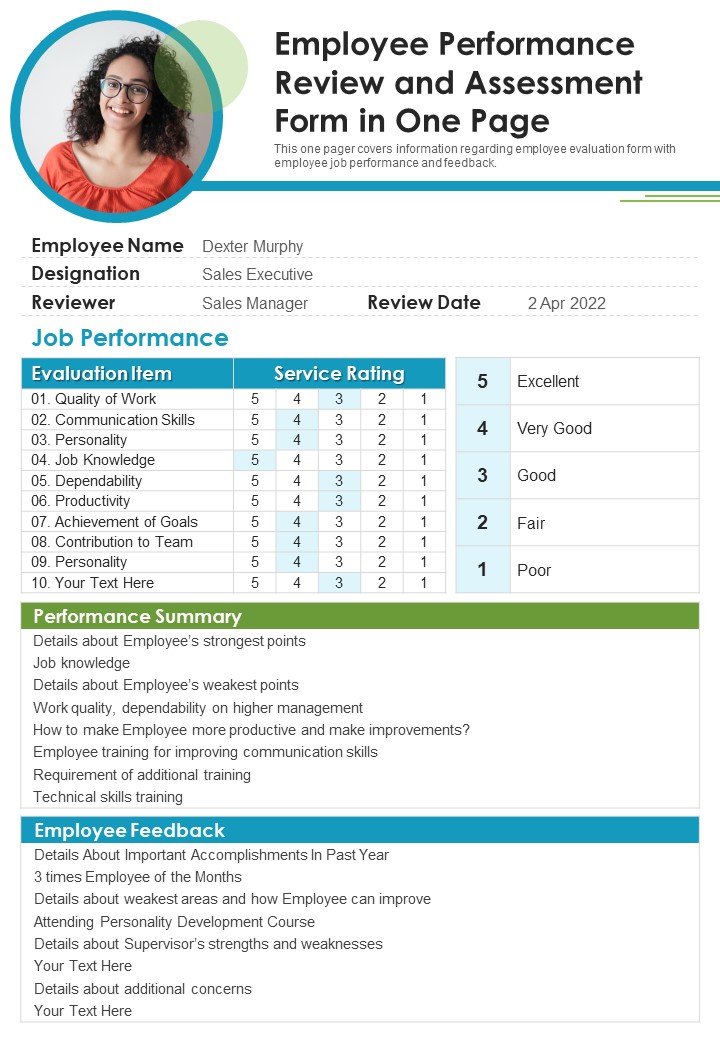 Employee Performance Review And Assessment Form In One Page PDF Document PPT Template