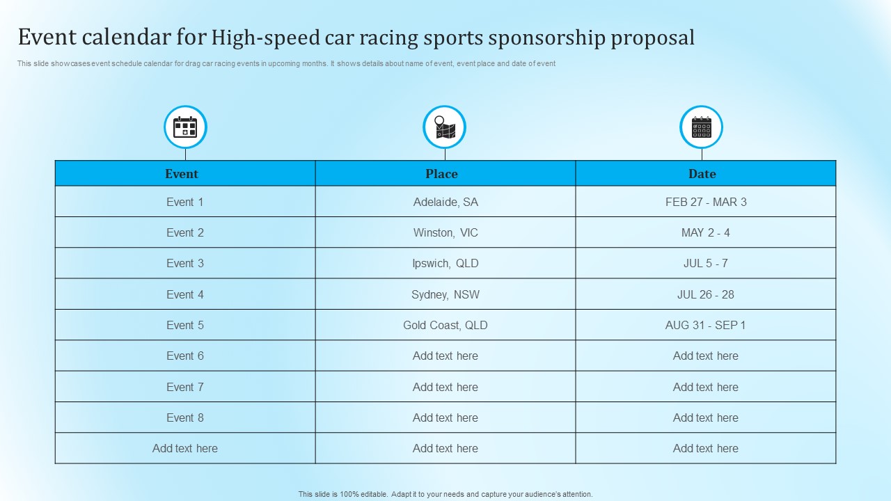 Event Calendar For High Speed Car Racing Sports Sponsorship Proposal Microsoft PDF