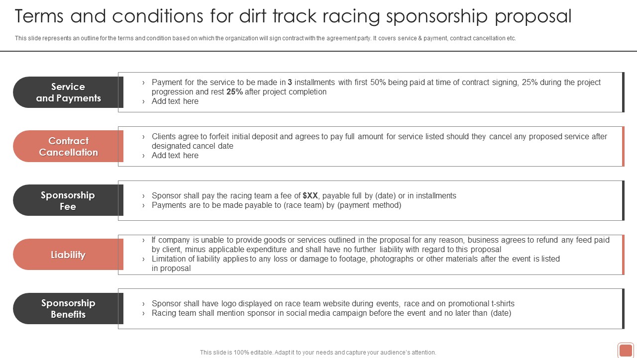 Event Funding Terms And Conditions For Dirt Track Racing Sponsorship Proposal Slides PDF