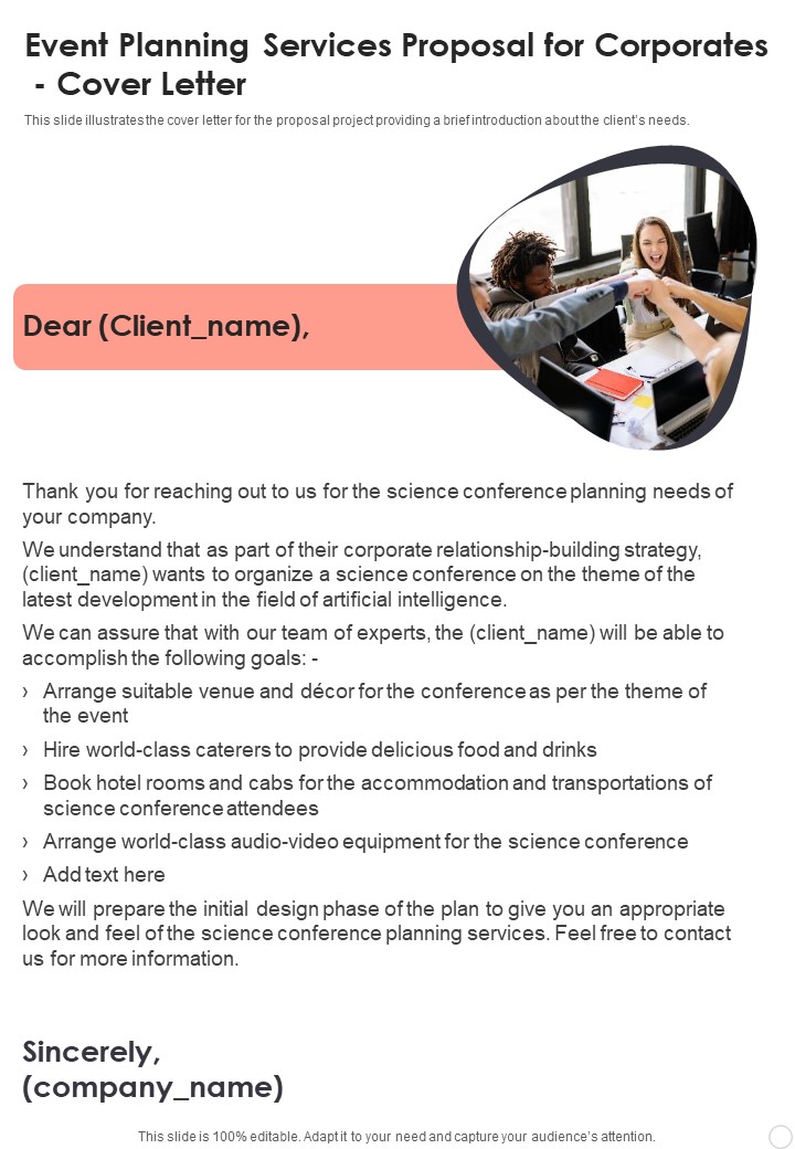 Event Planning Services Proposal For Corporates Cover Letter One Pager Sample Example Document
