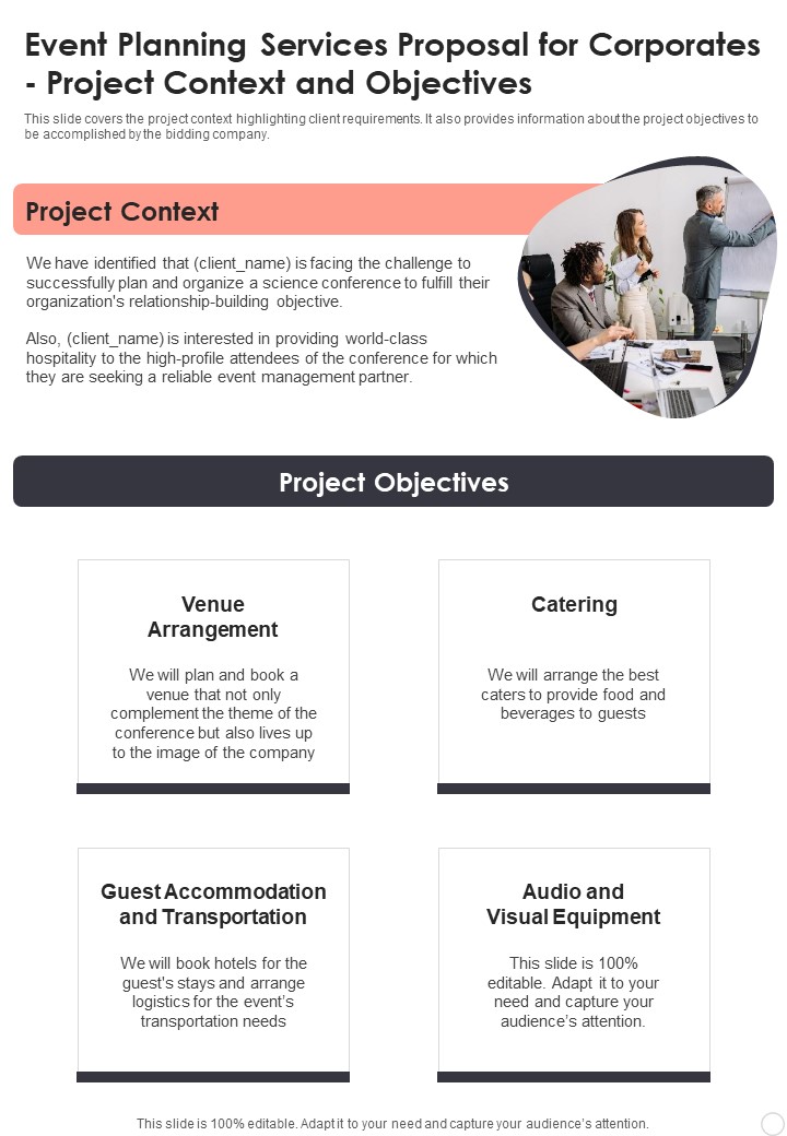 Event Planning Services Proposal For Corporates Project Context Objectives One Pager Sample Example Document