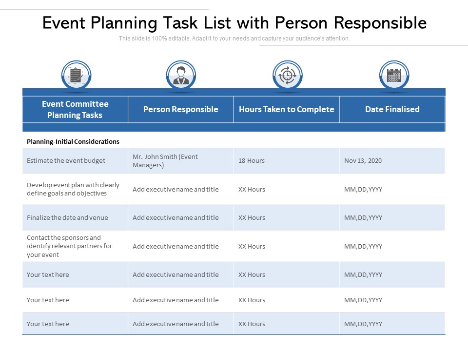 Event Planning Task List With Person Responsible Ppt PowerPoint Presentation Good PDF