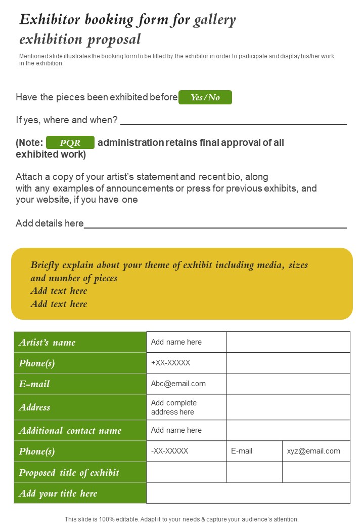 Exhibitor Booking Form For Gallery Exhibition Proposal One Pager Sample Example Document