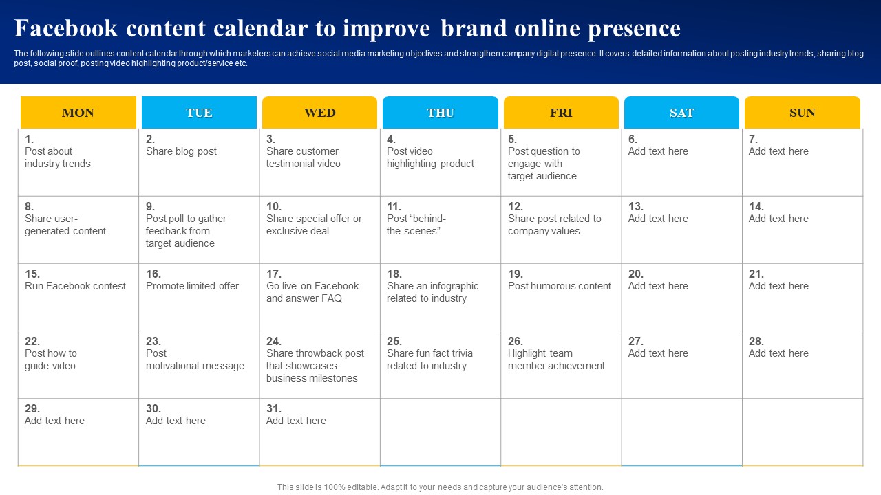 Facebook Content Calendar To Improve Brand Online Presence Ppt PowerPoint Presentation File Example PDF