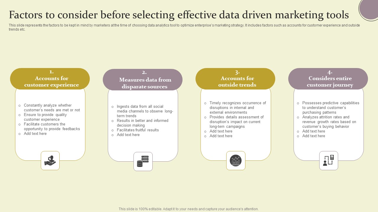 Factors To Consider Before Selecting Effective Data Driven Marketing Tools Ppt Layouts Slide Download PDF