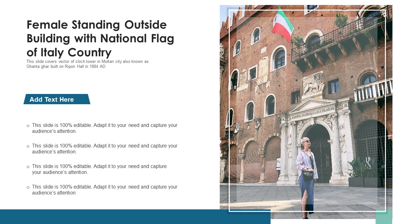 Female Standing Outside Building With National Flag Of Italy Country Ppt PowerPoint Presentation File Sample PDF