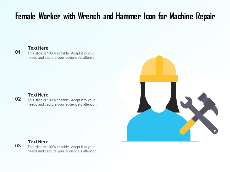 Female Worker With Wrench And Hammer Icon For Machine Repair Ppt PowerPoint Presentation File Visual Aids PDF