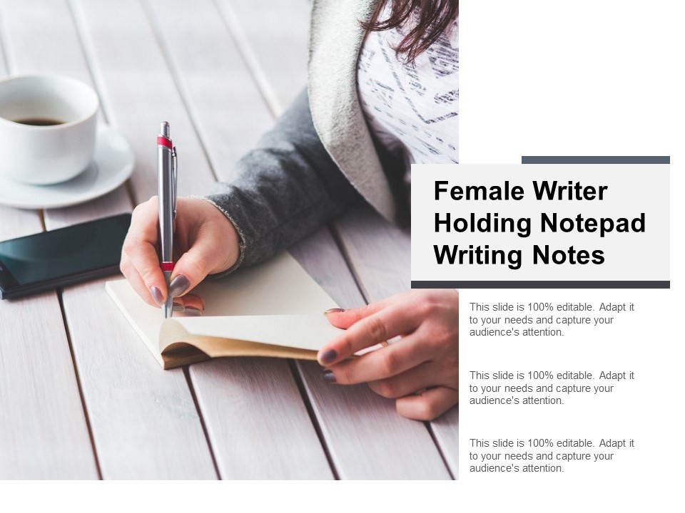 Female Writer Holding Notepad Writing Notes Ppt PowerPoint Presentation Portfolio Summary