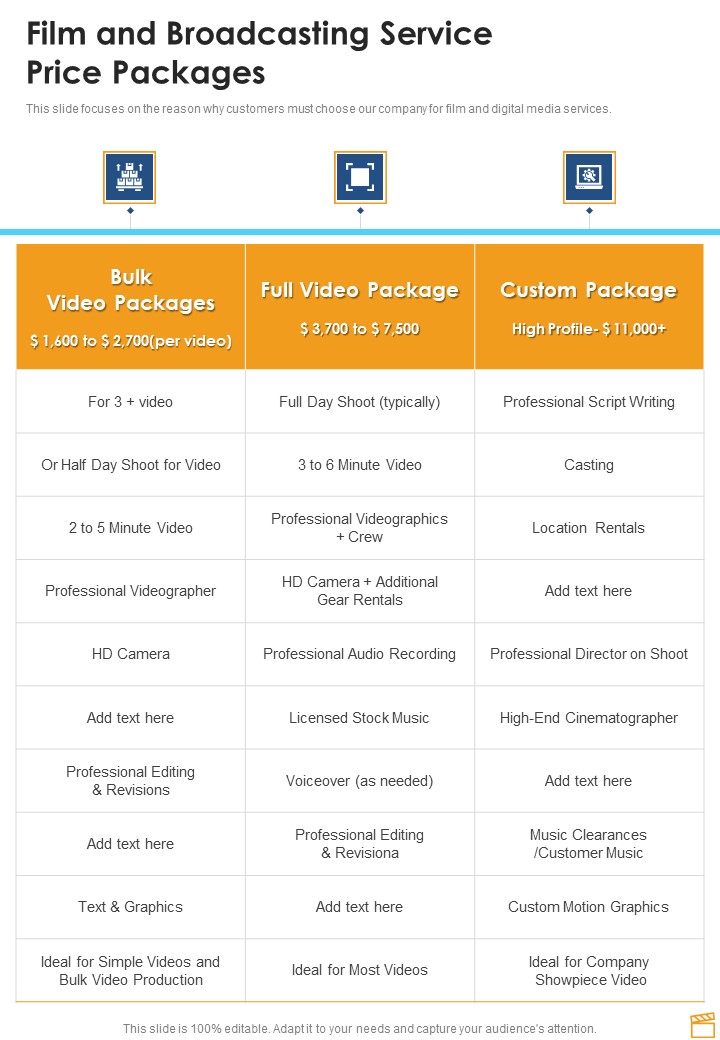 Film And Broadcasting Service Price Packages One Pager Sample Example Document