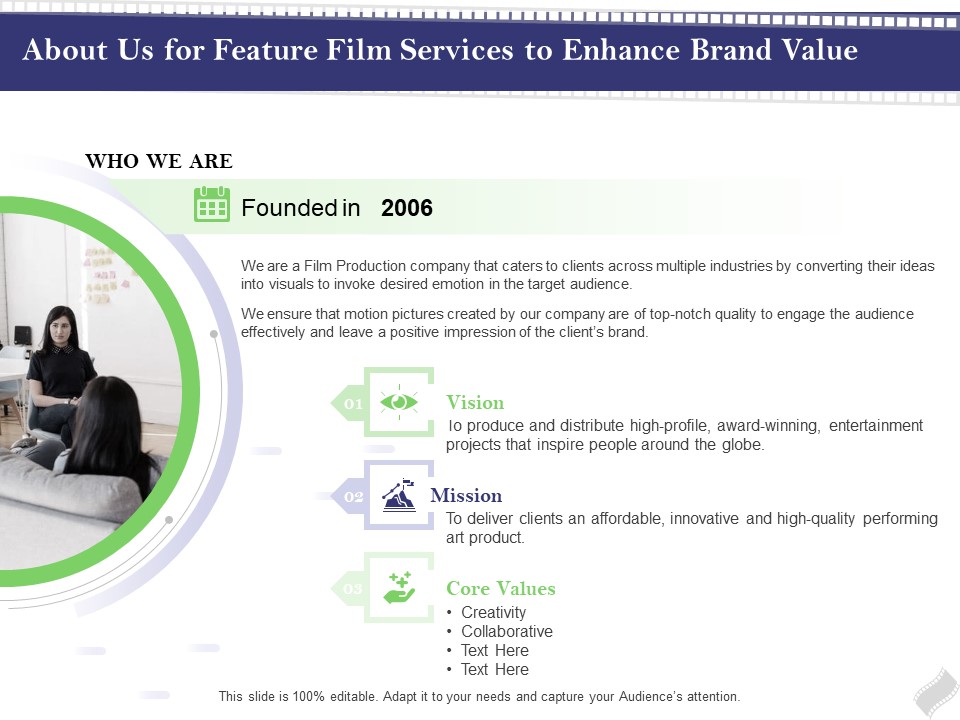 Film Branding Enrichment About Us For Feature Film Services To Enhance Brand Value Diagrams PDF