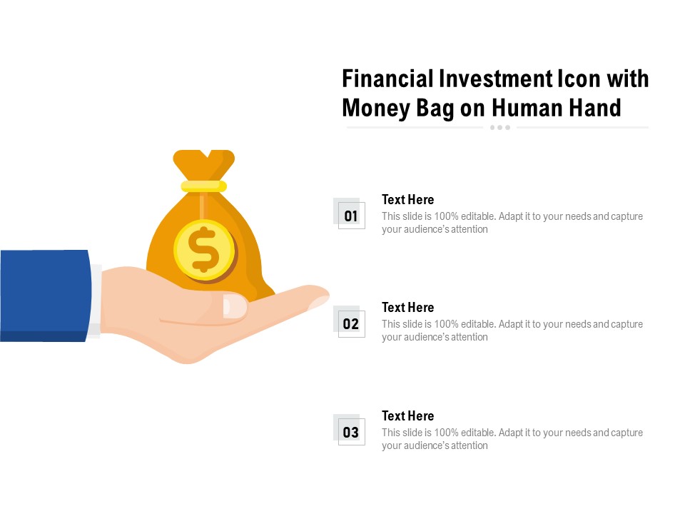 Financial Investment Icon With Money Bag On Human Hand Ppt PowerPoint Presentation Gallery Clipart Images PDF
