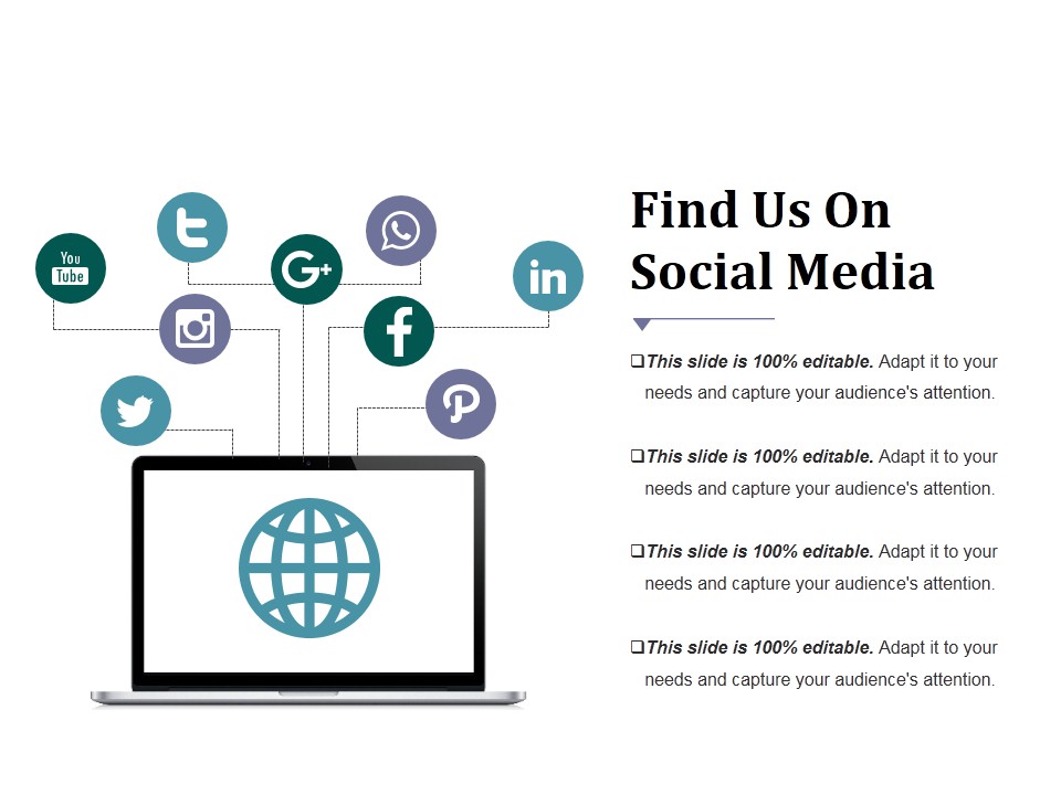 Find Us On Social Media Ppt PowerPoint Presentation Inspiration Display