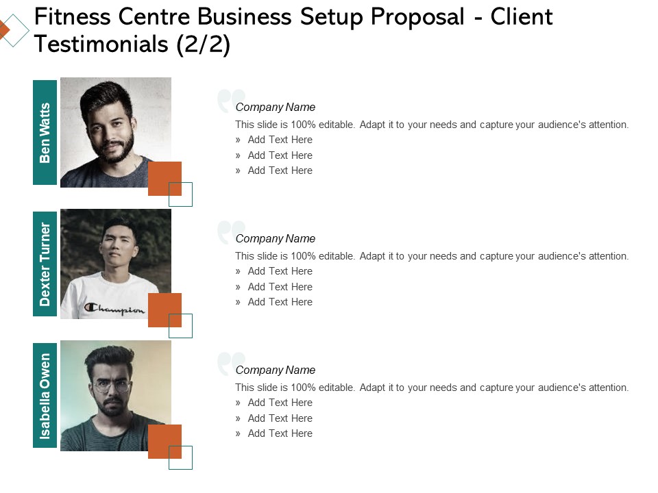 Fitness Centre Business Setup Proposal Client Testimonials Teamwork Ppt Slides Graphics PDF