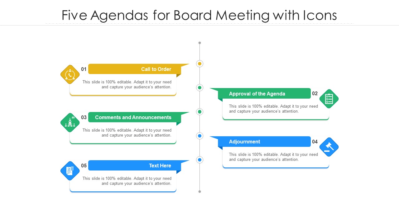 Five Agendas For Board Meeting With Icons Ppt PowerPoint Presentation Icon Infographics PDF
