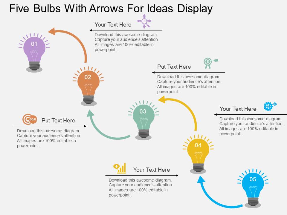 Five Bulbs With Arrows For Ideas Display Powerpoint Templates