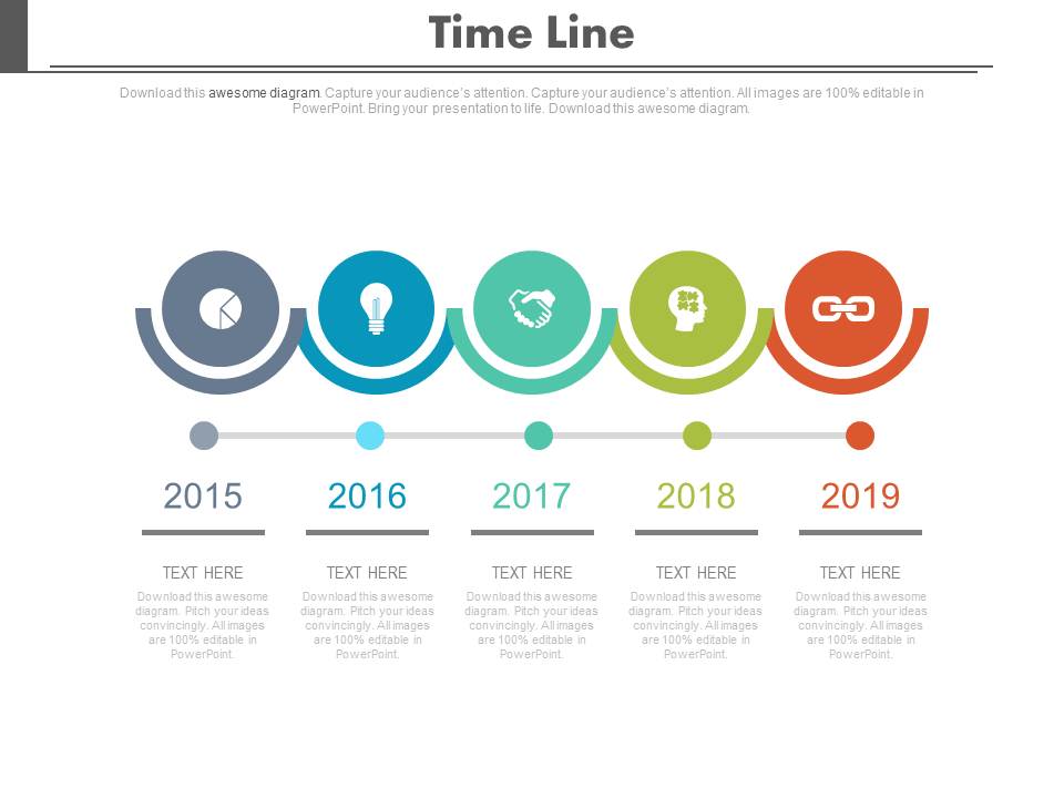Five Circles Linear Timeline Chart With Icons Powerpoint Slides