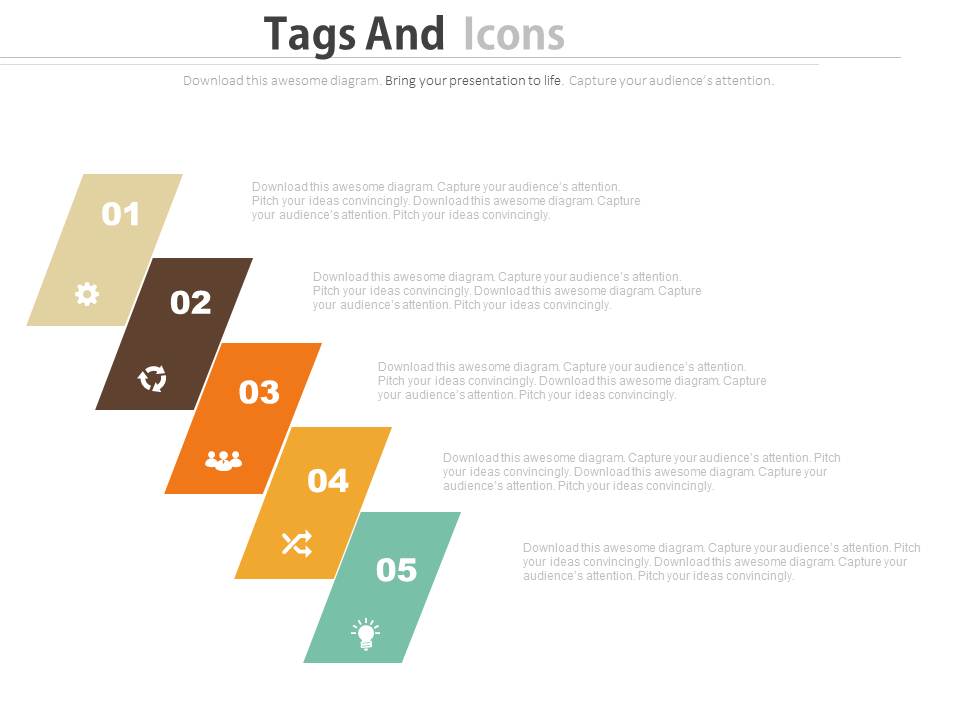 Five Colored Tags With Icons For Strategic Process Powerpoint Slides