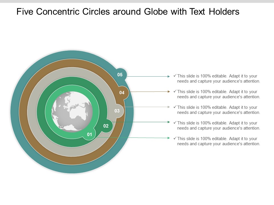 Five Concentric Circles Around Globe With Text Holders Ppt Powerpoint Presentation Ideas Graphics Tutorials