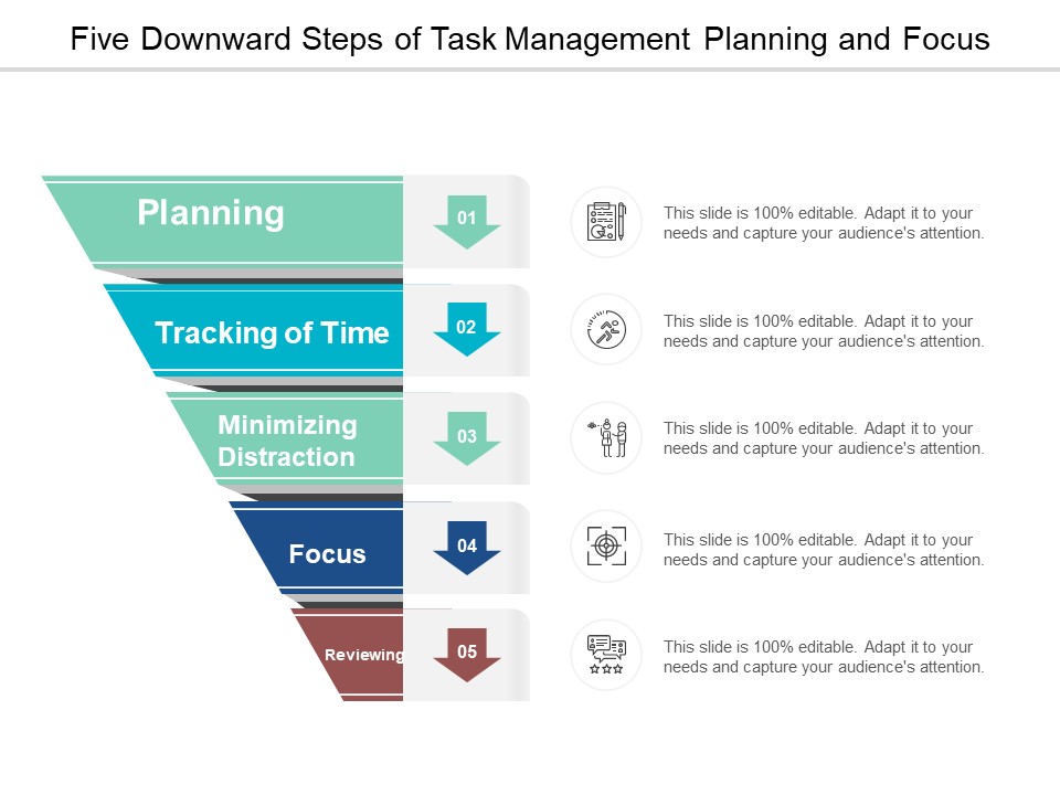 Five Downward Steps Of Task Management Planning And Focus Ppt Powerpoint Presentation Ideas Example File
