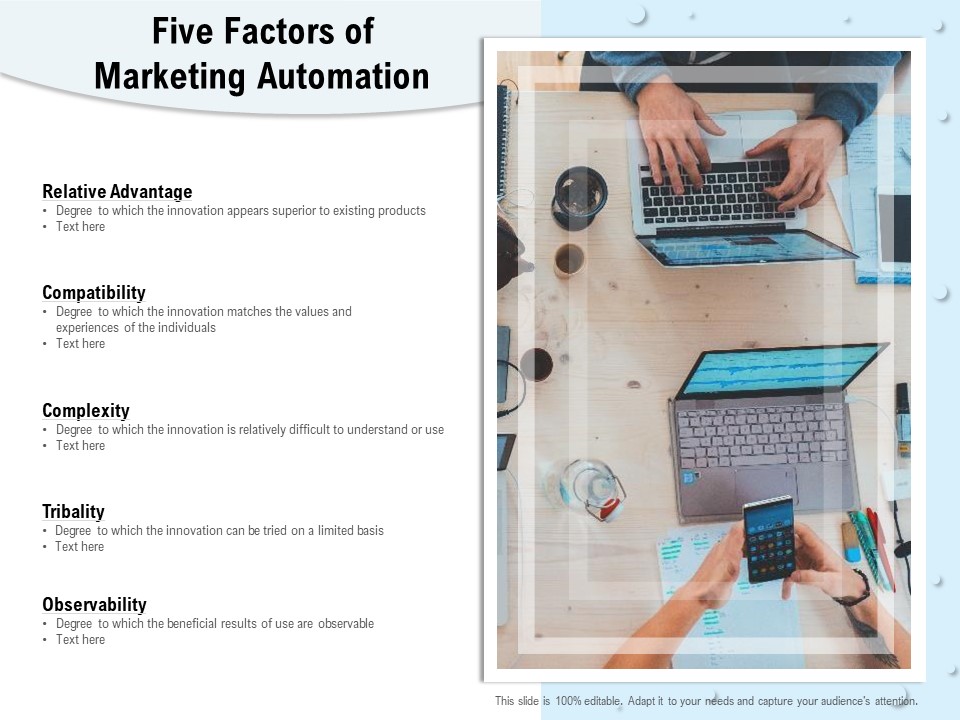 Five Factors Of Marketing Automation Ppt PowerPoint Presentation Summary Slideshow PDF
