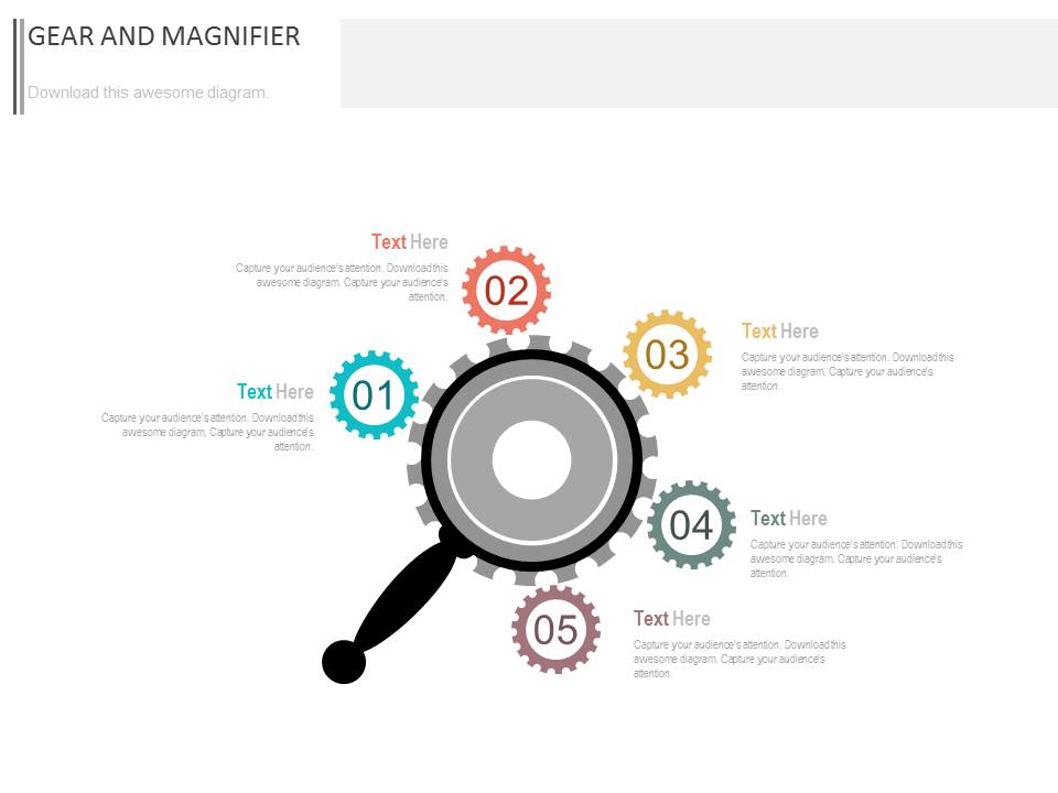 Five Gears Around Magnifier Powerpoint Slides