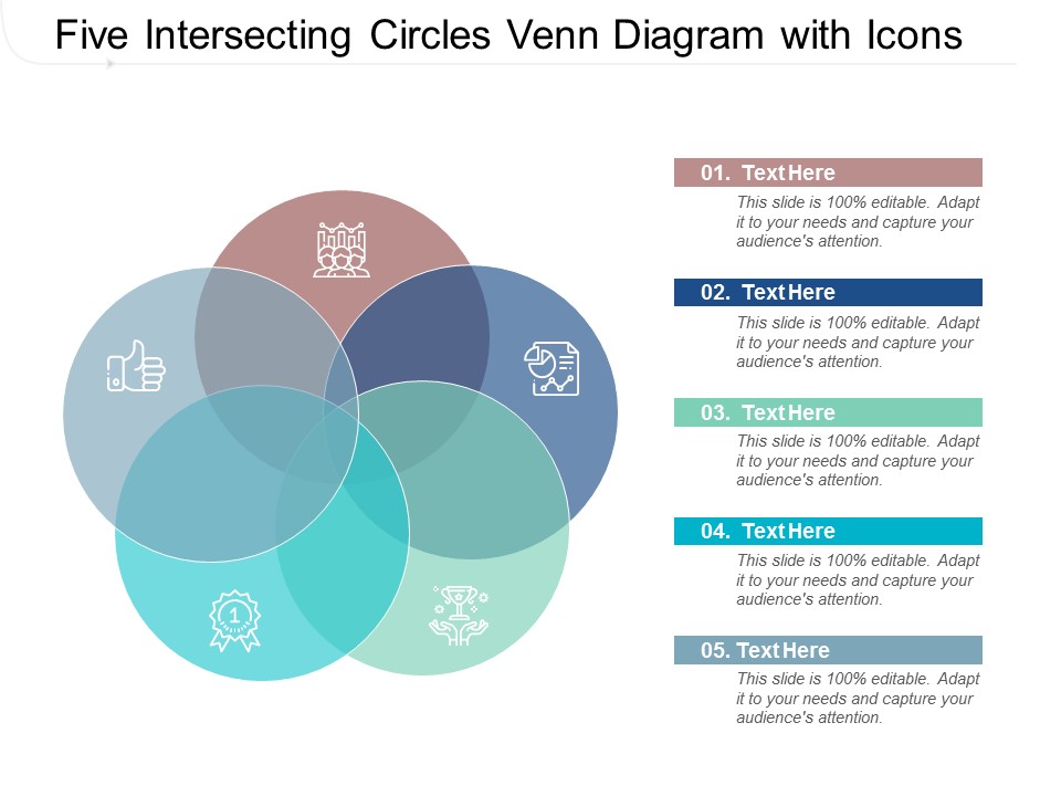 Five Intersecting Circles Venn Diagram With Icons Ppt PowerPoint Presentation Styles Samples