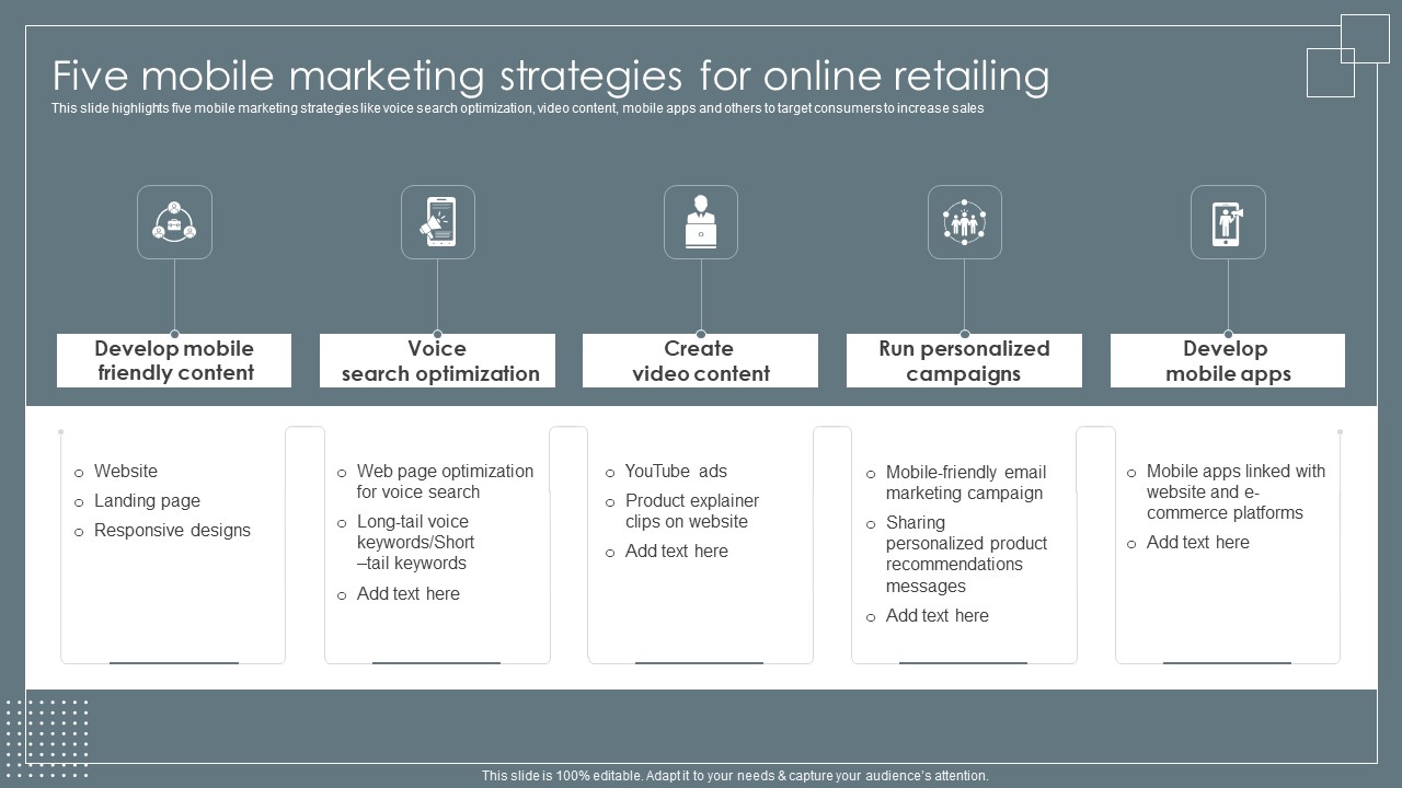 Five Mobile Marketing Strategies For Online Retailing Retail Business Growth Marketing Techniques Slides PDF