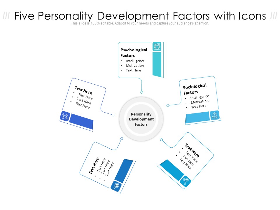 Five Personality Development Factors With Icons Ppt PowerPoint Presentation Gallery Graphics Tutorials PDF