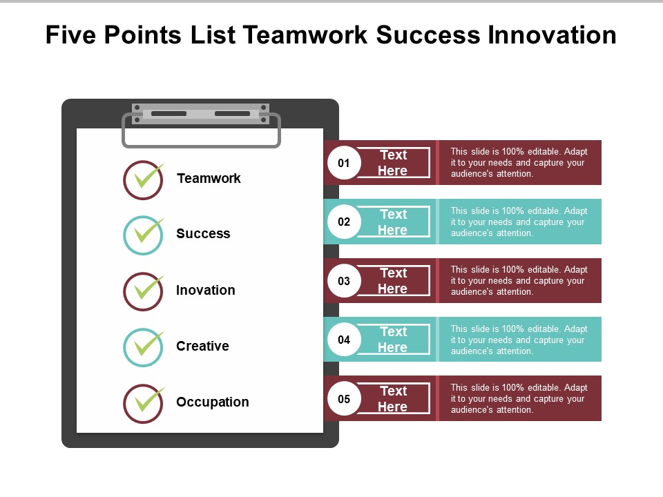 Five Points List Teamwork Success Innovation Ppt Powerpoint Presentation Inspiration Maker