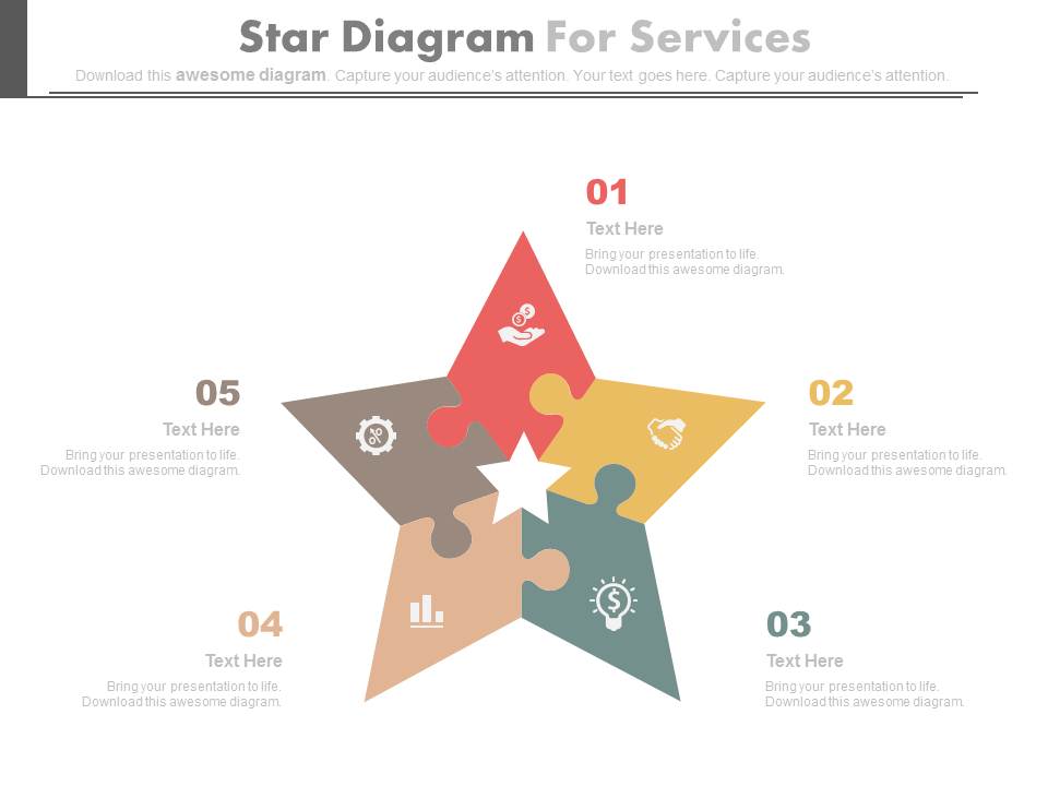 Five Puzzles Steps Star Diagram With Icons Powerpoint Template