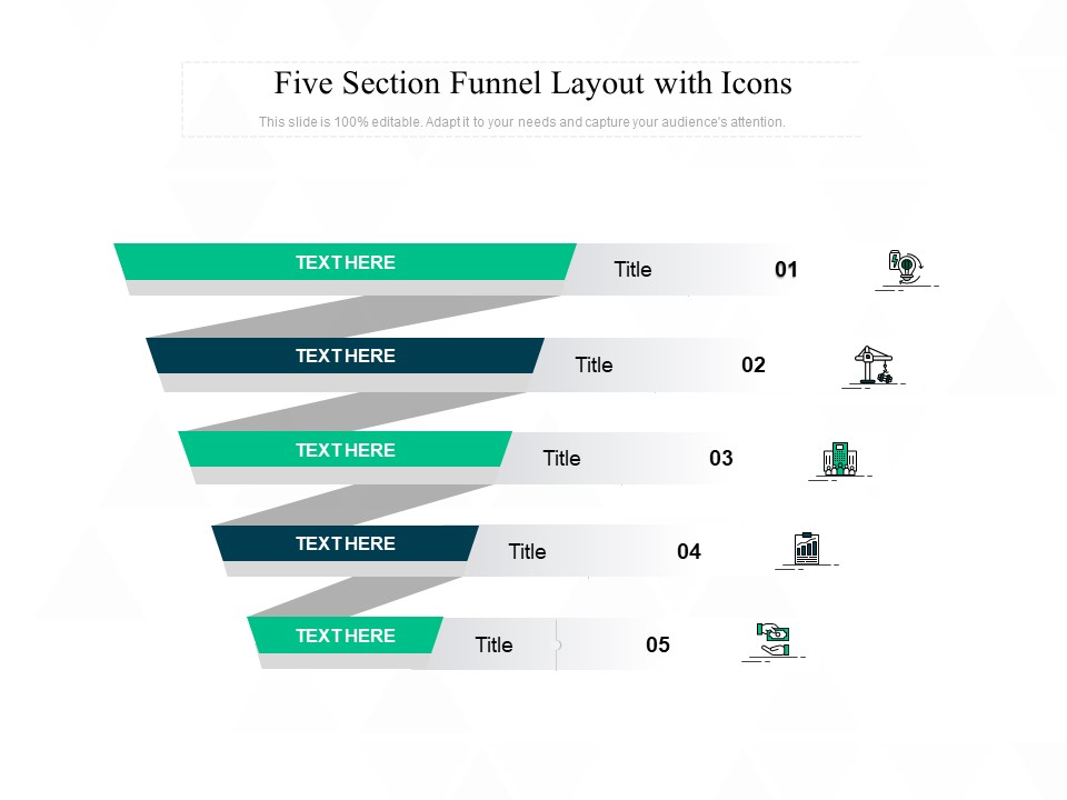 Five Section Funnel Layout With Icons Ppt PowerPoint Presentation Professional Example Topics