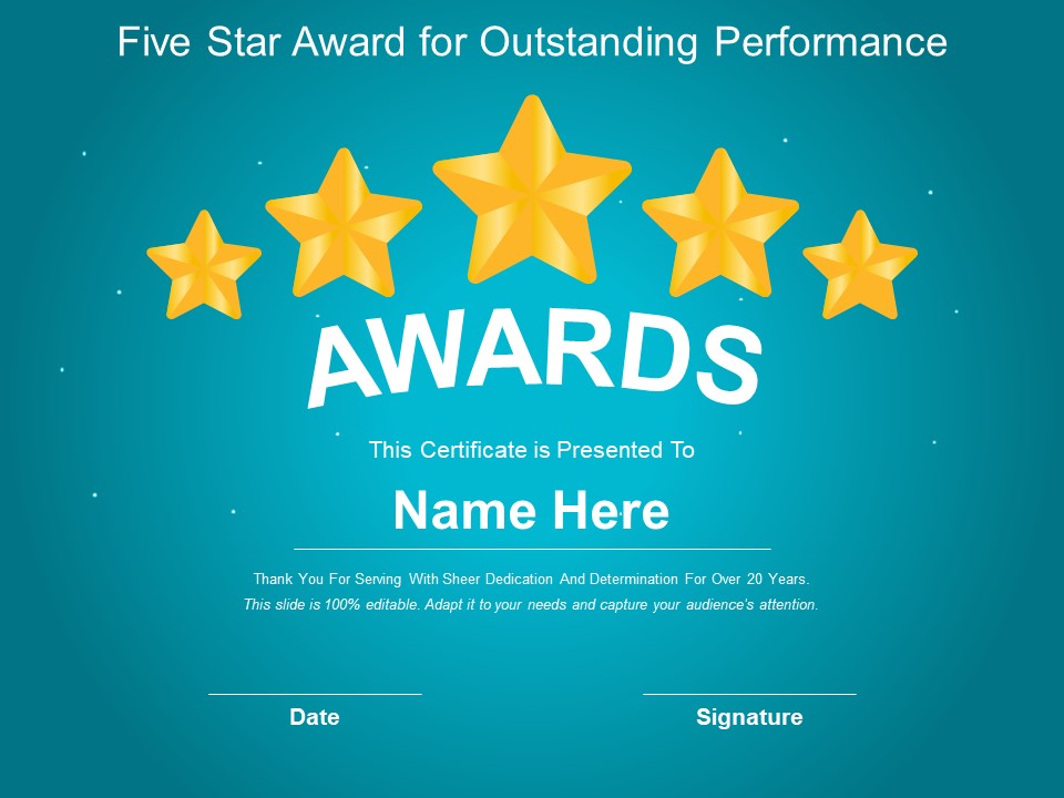 Five Star Award For Outstanding Performance Ppt PowerPoint Presentation Model Show