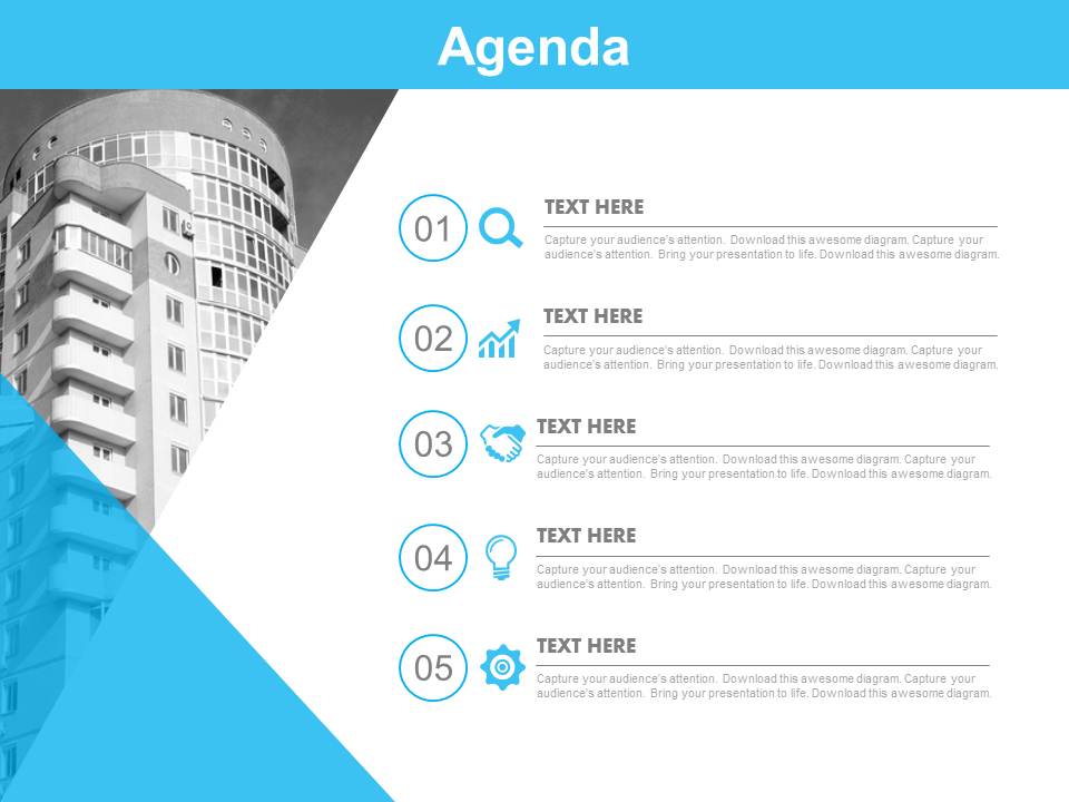 Five Steps Business Agenda With Icons Powerpoint Slides