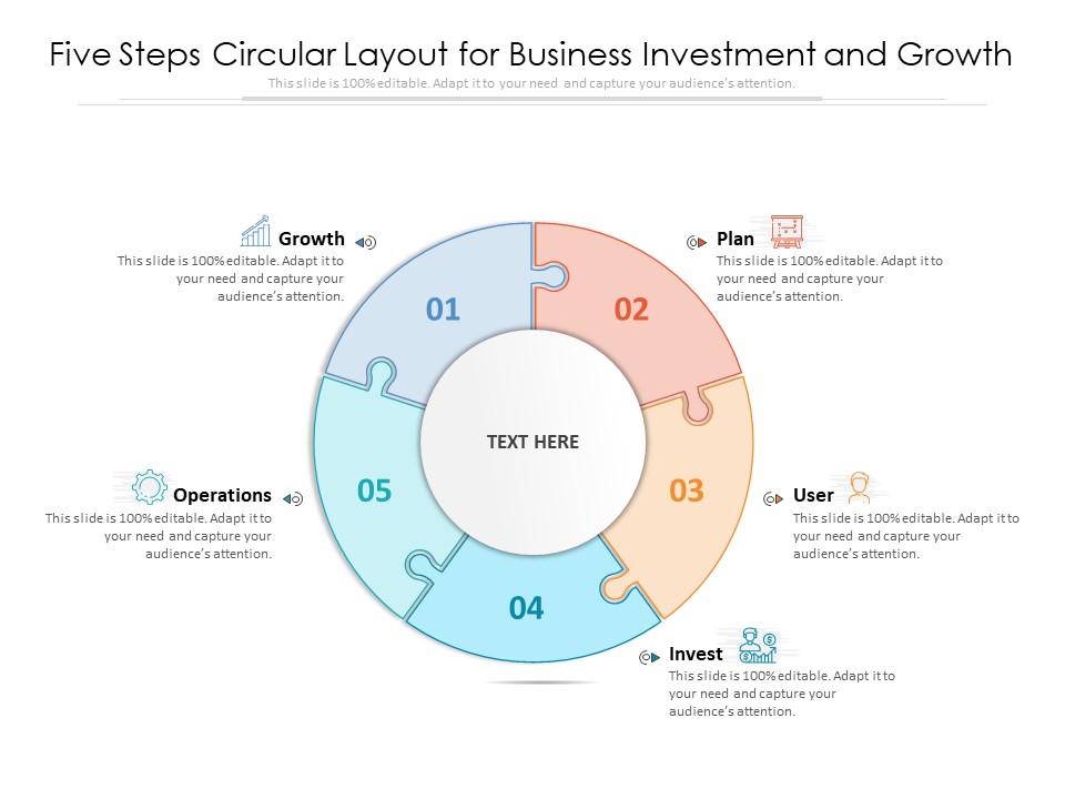 Five Steps Circular Layout For Business Investment And Growth Ppt PowerPoint Presentation File Example File PDF