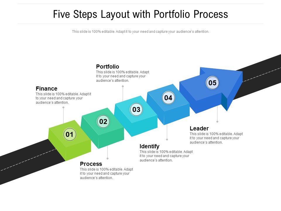 Five Steps Layout With Portfolio Process Ppt PowerPoint Presentation Outline Rules PDF
