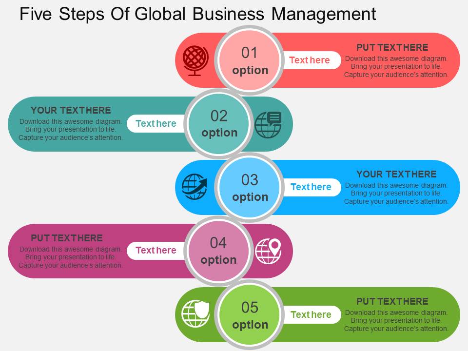 Five Steps Of Global Business Management Powerpoint Templates