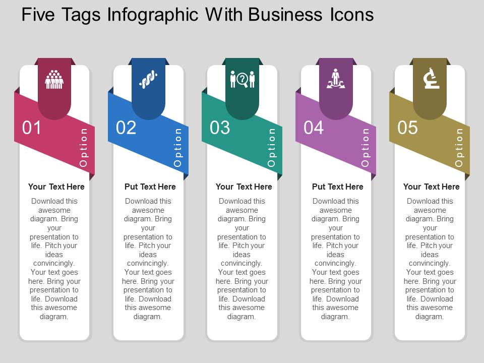 Five Tags Infographic With Business Icons Powerpoint Templates