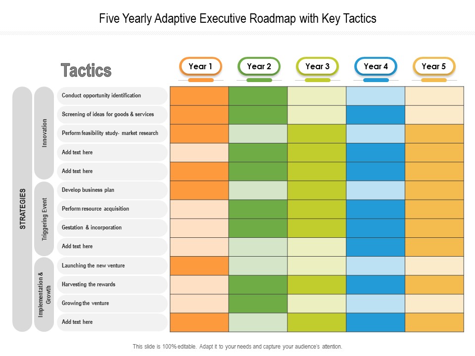 Five Yearly Adaptive Executive Roadmap With Key Tactics Structure