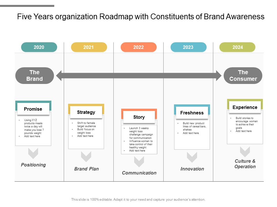 Five Years Organization Roadmap With Constituents Of Brand Awareness Graphics