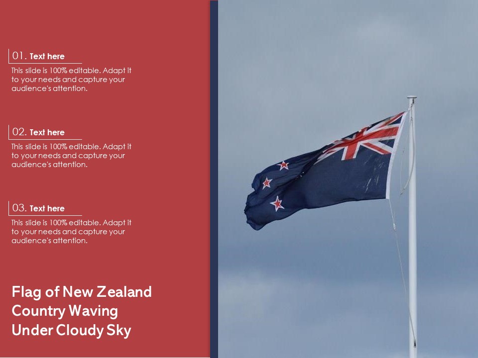 Flag Of New Zealand Country Waving Under Cloudy Sky Ppt PowerPoint Presentation Ideas Visual Aids PDF