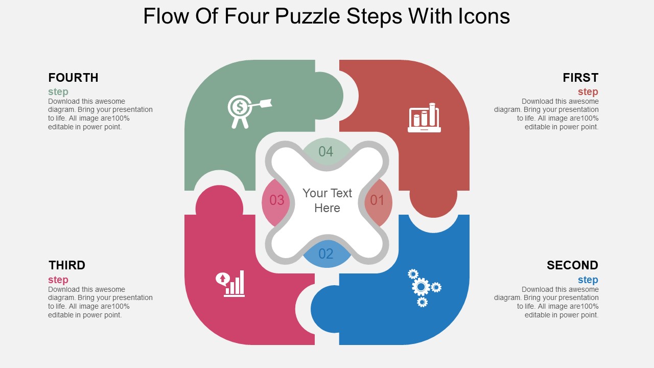 Flow Of Four Puzzle Steps With Icons PowerPoint Template