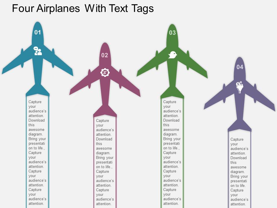 Four Airplanes With Text Tags Powerpoint Templates